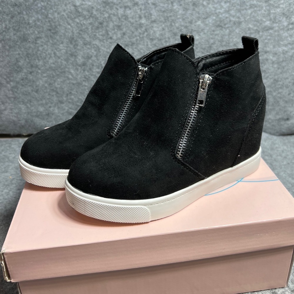 Soda Kids Girls Taylor-IIG Black Faux Suede Wedge Sneakers Side Zip Size 2